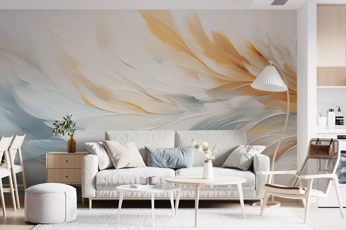 murales de pared Plumas abstractas en suaves tonos azules y naranjas w09283