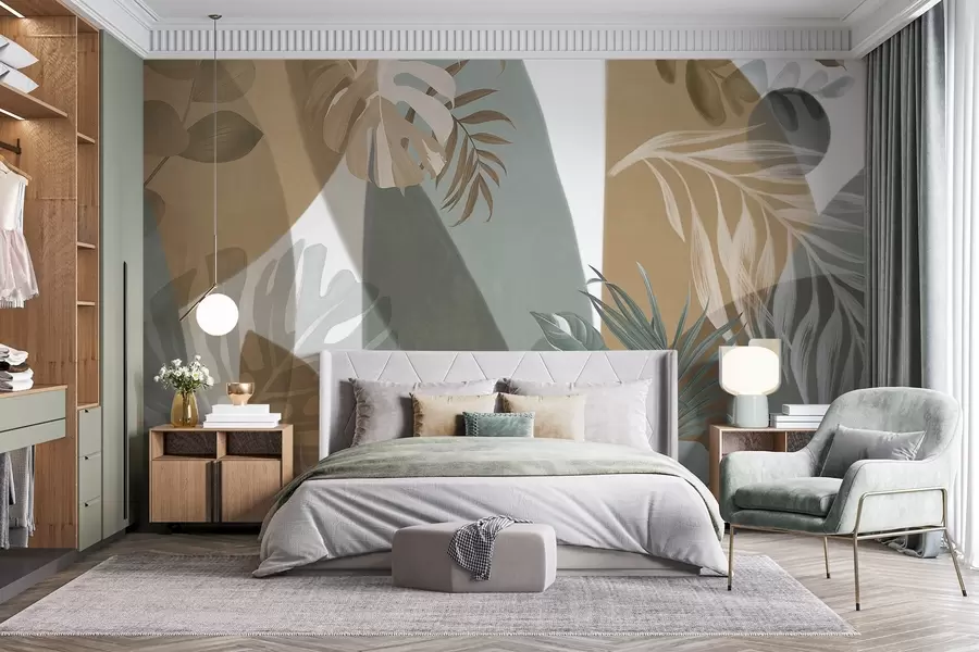 murales de pared Hojas de Monstera y hojas de palma en un patrón con colores marrón, blanco y verde, ambiente tropical, formas abstractas, decorativo w09288