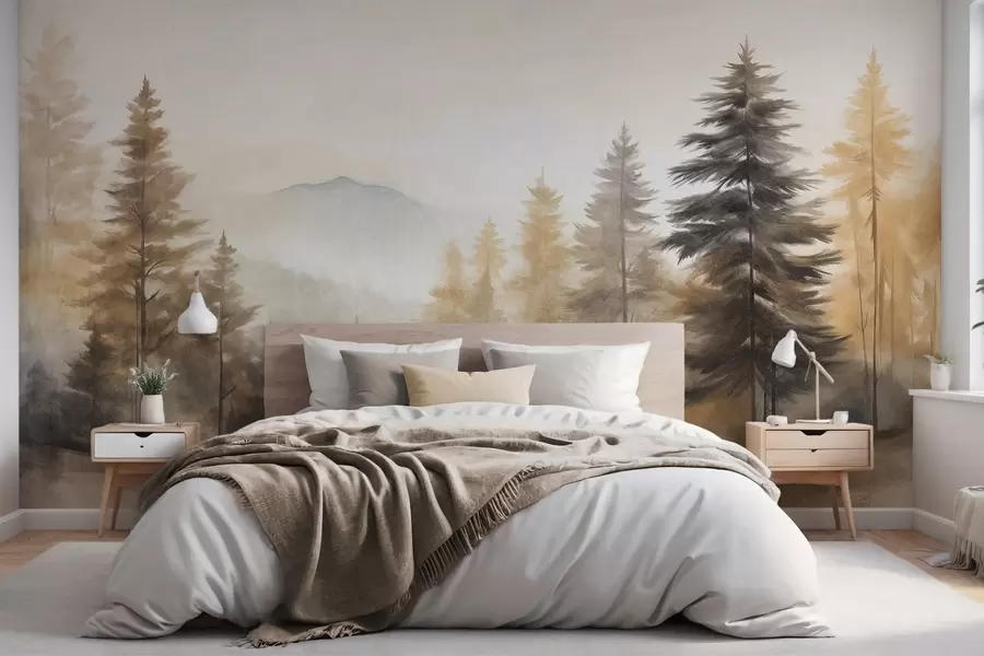 murales de pared Bosque otoñal texturizado con altos pinos y montañas al fondo, los colores son apagados y terrosos estilo pintura w09290