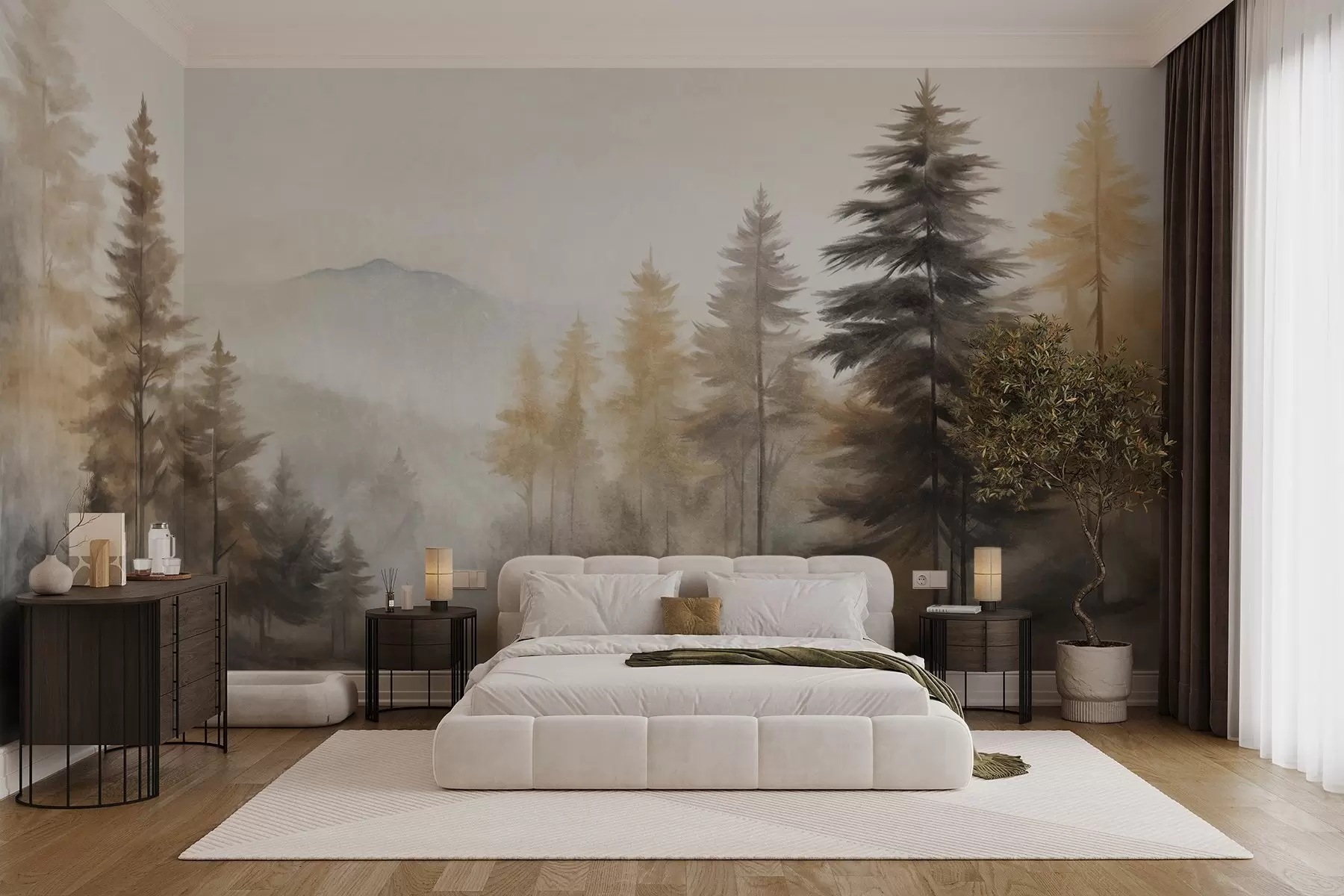 murales de pared Bosque otoñal texturizado con altos pinos y montañas al fondo, los colores son apagados y terrosos estilo pintura w09290