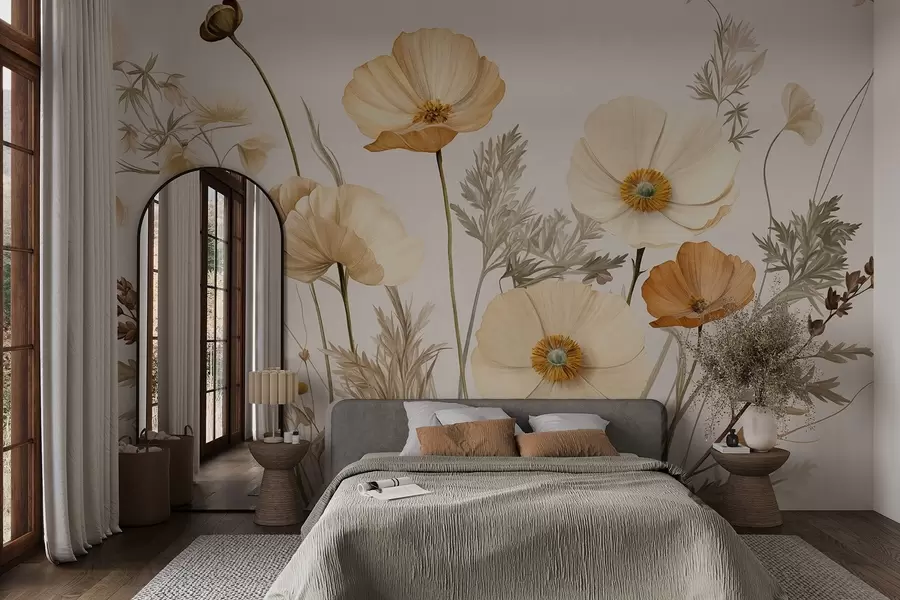murales de pared Amapolas naranjas y blancas de textura vintage con tallos y hojas finas, fondo beige claro, estilo acuarela w09293