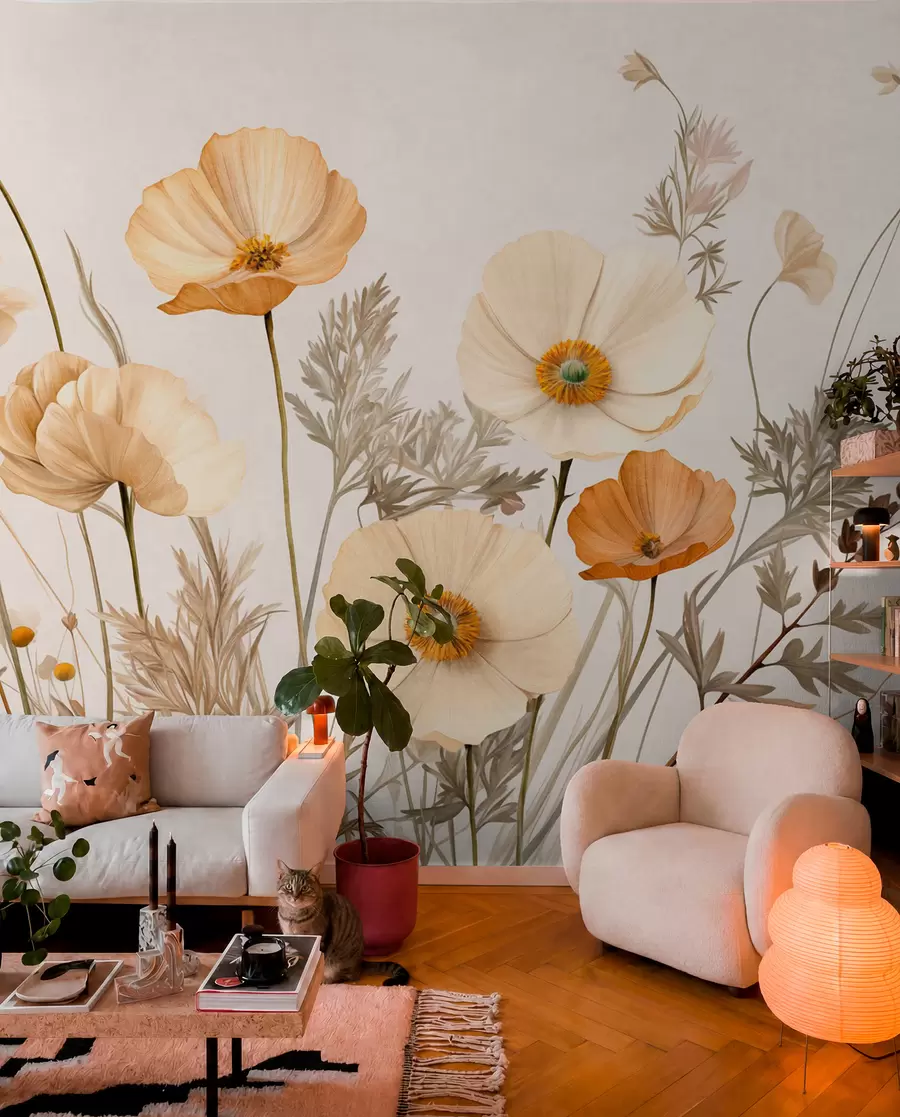 murales de pared Amapolas en ocre y marfil w09293