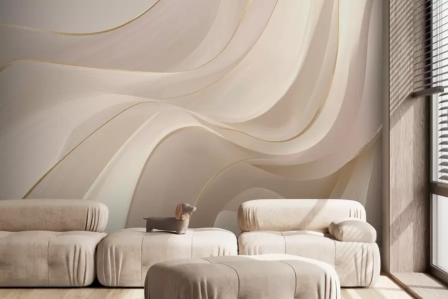 murales de pared Ondas fluidas con toques amarillos en luz cremosa w09303