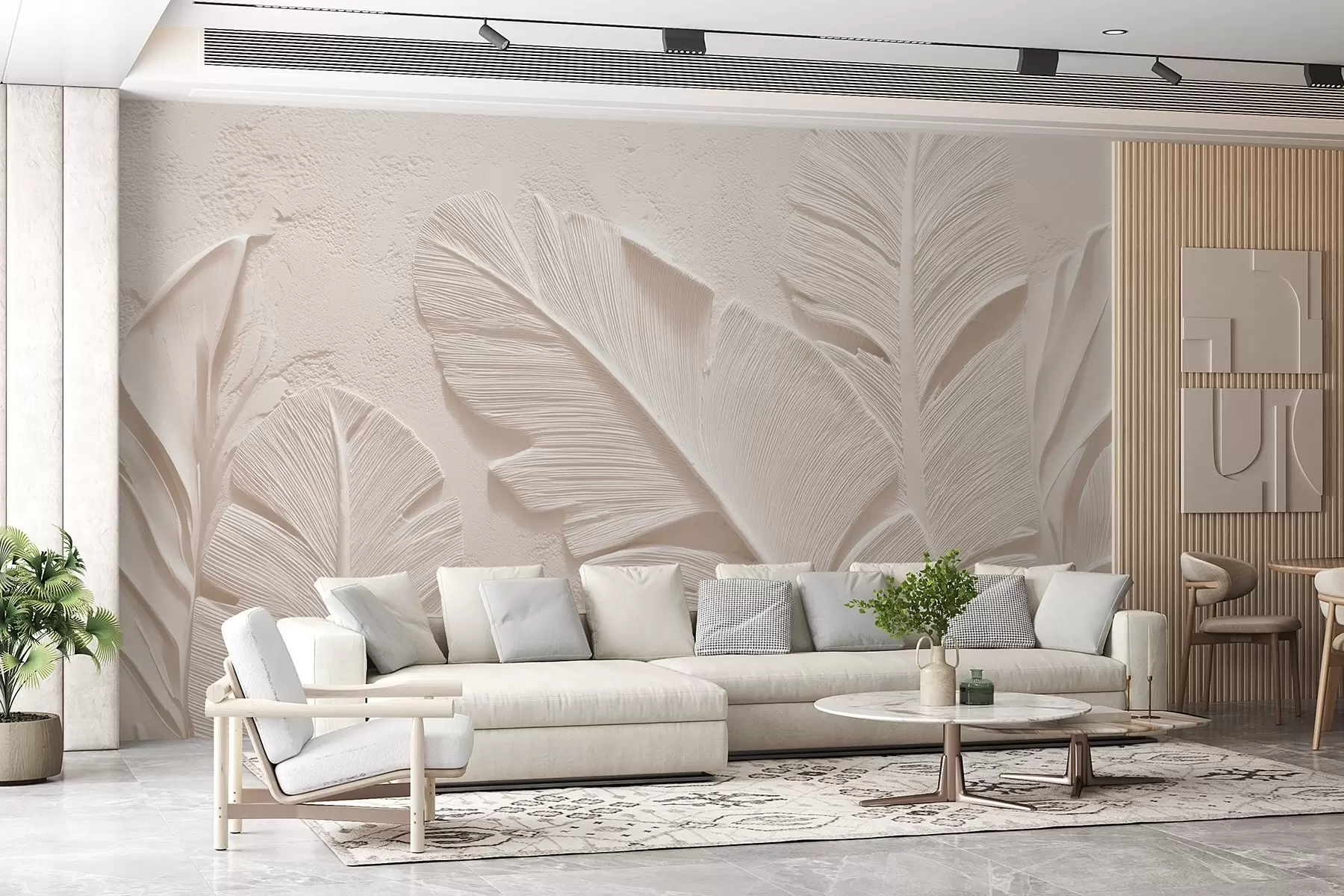 murales de pared Hojas en relieve en cálidos tonos beige-arena w09307v1
