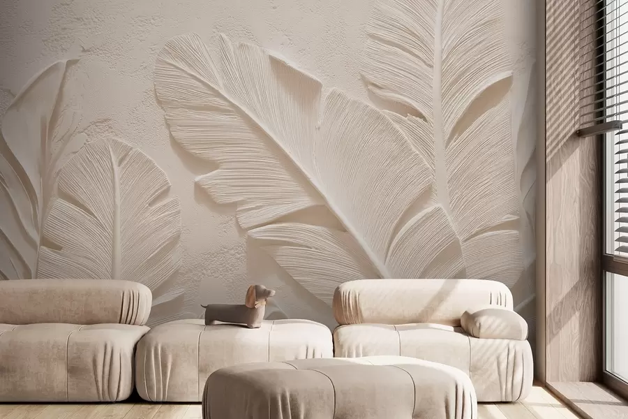 murales de pared Hojas en relieve en cálidos tonos beige-arena w09307v1