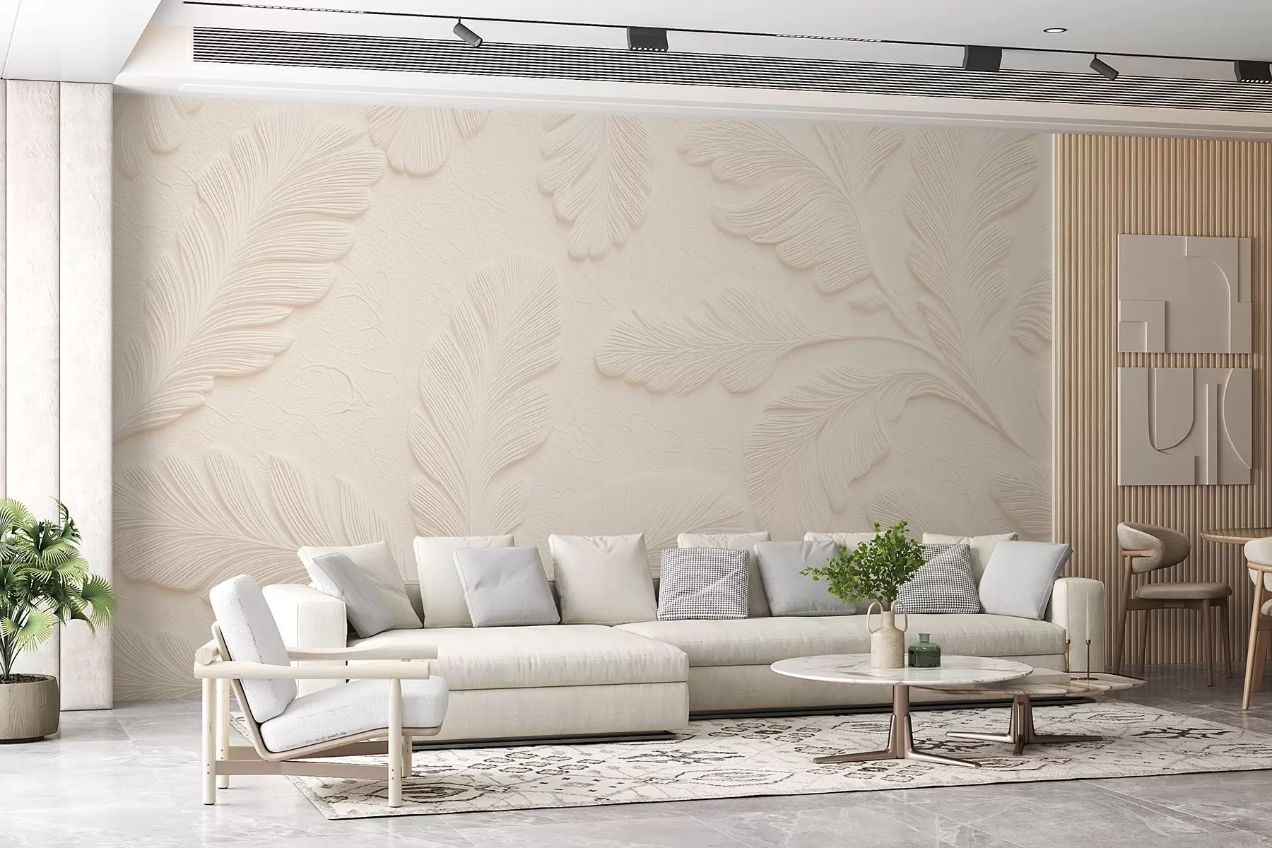 murales de pared Hojas en relieve sobre fondo claro con efecto craquelado w09309