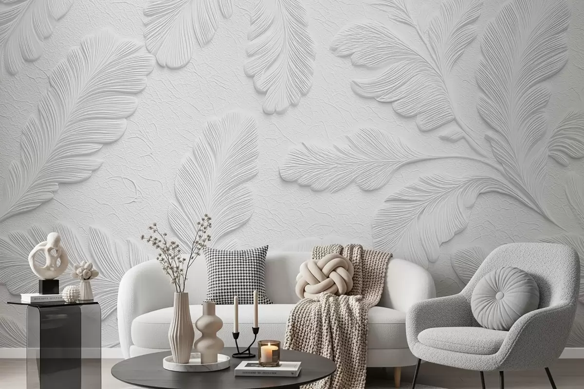murales de pared Hojas en relieve sobre fondo claro con efecto craquelado w09309v1