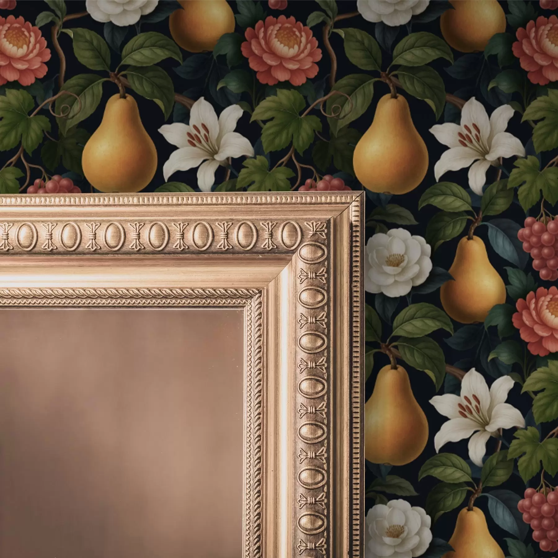 murales de pared Frutas y flores barrocas sobre un dramático fondo oscuro a00387