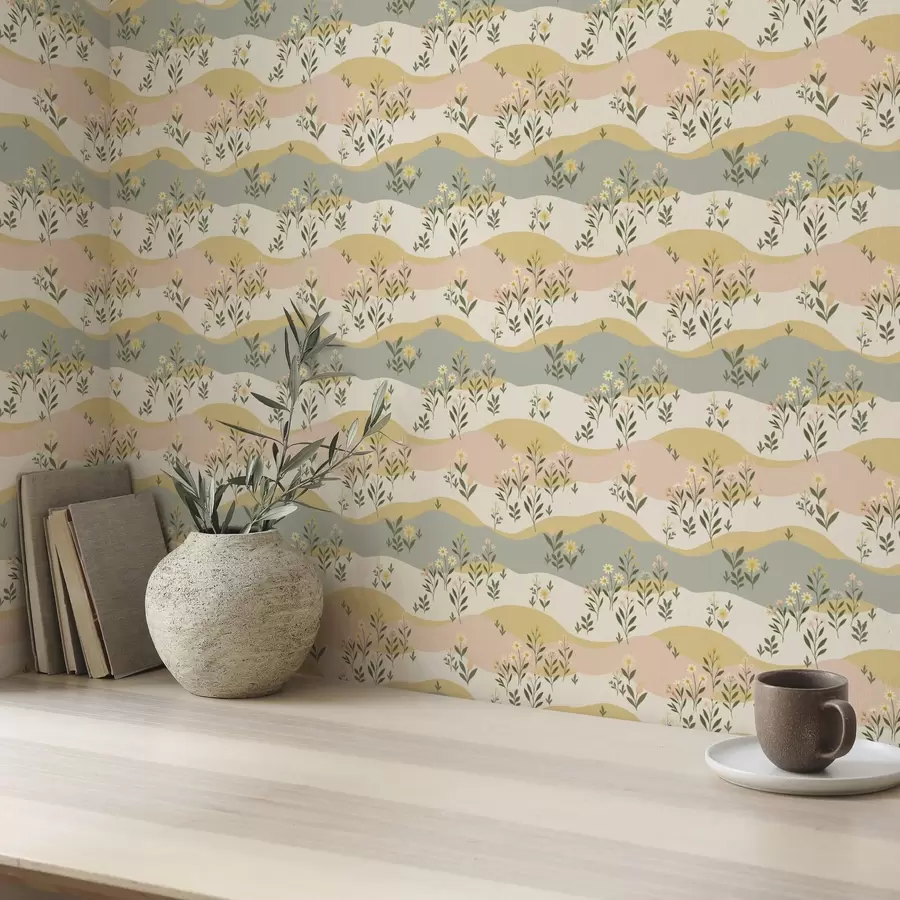 murales de pared Flores de prado onduladas en estilo minimalista pastel a00396