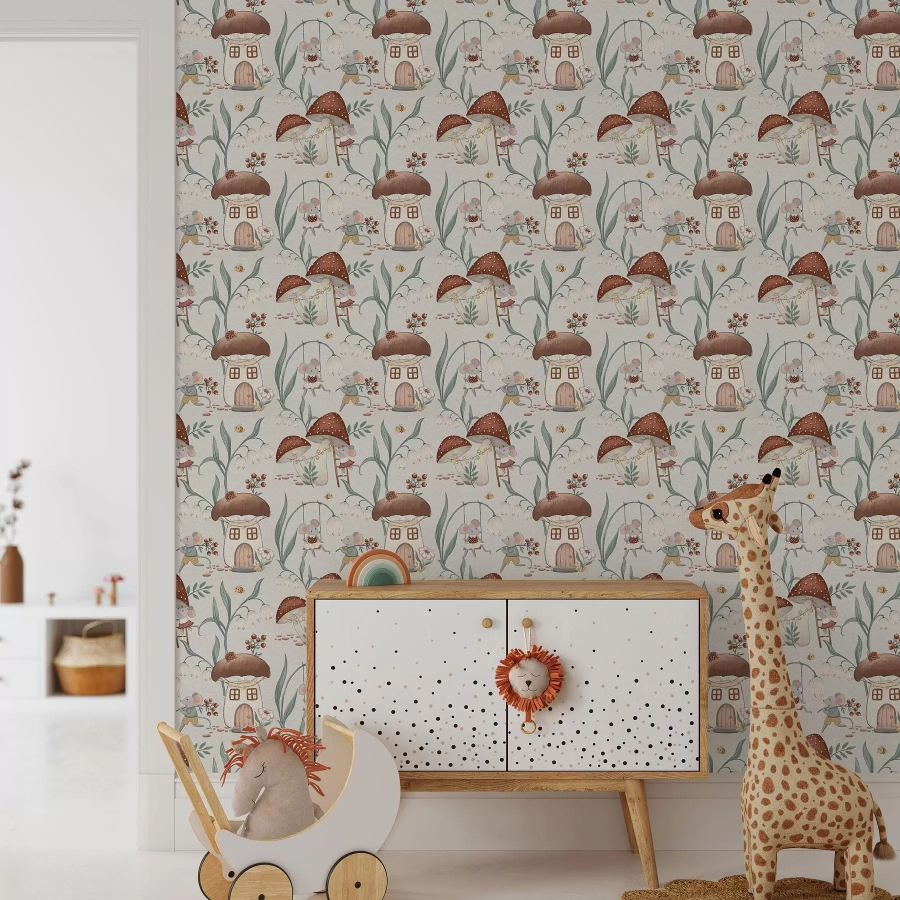 murales de pared Simpáticos ratones y setas sobre el fondo de un elegante paisaje forestal a00450