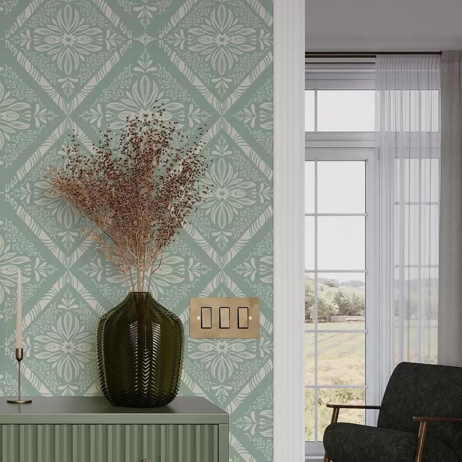 murales de pared Motivo geométrico turquesa y beige con rizos a00466