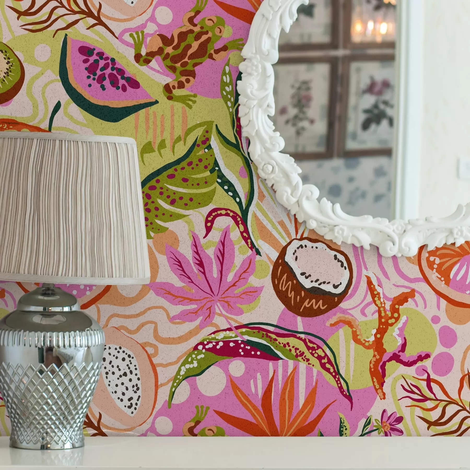 murales de pared Frutas exóticas, hojas y camaleones de estilo tropical a00469