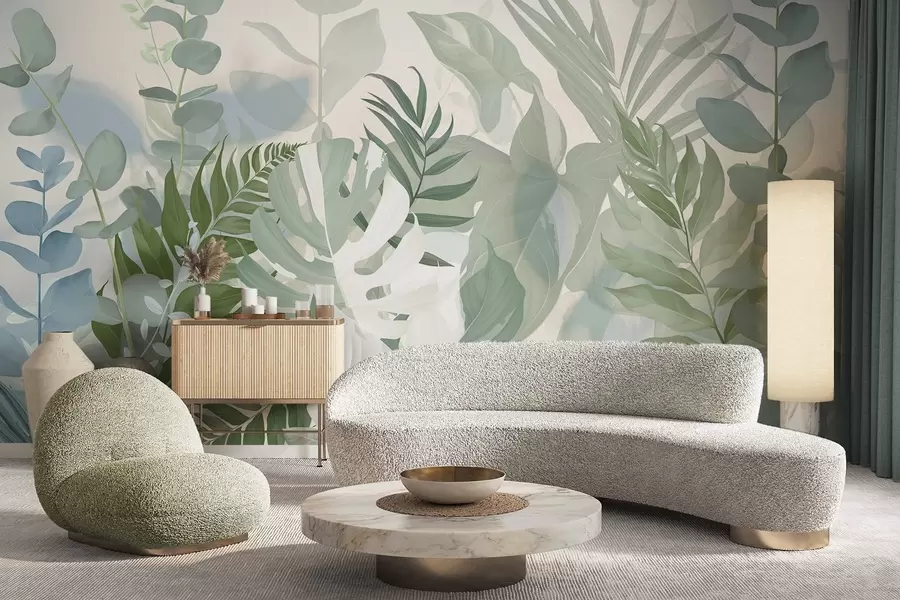 murales de pared Plantas verde pastel helechos, monstera y eucalipto, fondo de textura ligera, iluminación suave, tranquilo , ilustración botánica w09316