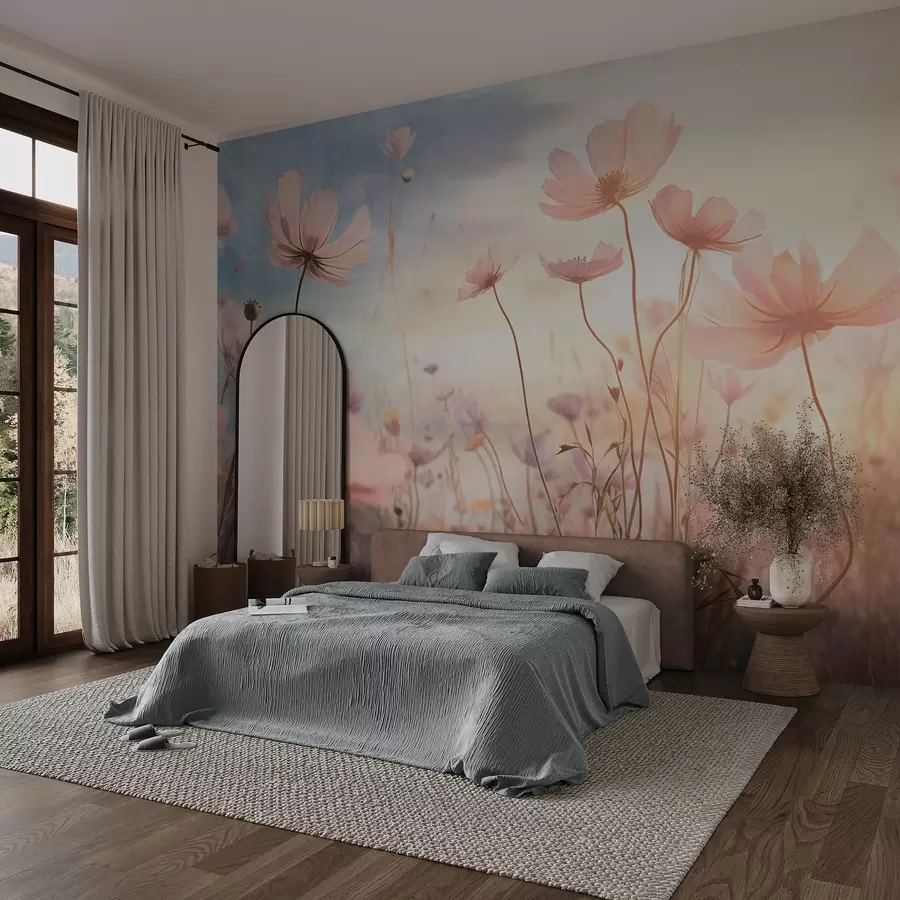 murales de pared Un campo de flores de textura rosa con tallos largos, contra un suave cielo azul y amarillo, creando una atmósfera de ensueño w09320