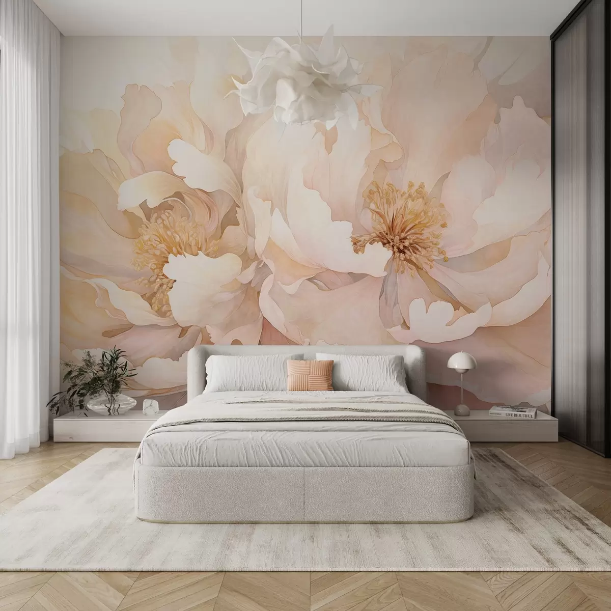 murales de pared Flores con textura de peonía y delicados pétalos en tonos melocotón crema y rosa claro con una suave textura de acuarela w09321