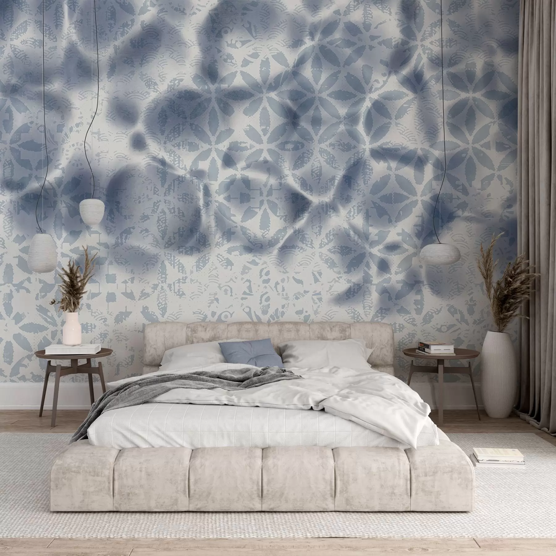 murales de pared Arte abstracto texturizado con estampado floral azul, efecto difuminado y borroso, que crea una atmósfera suave y soñadora w09322
