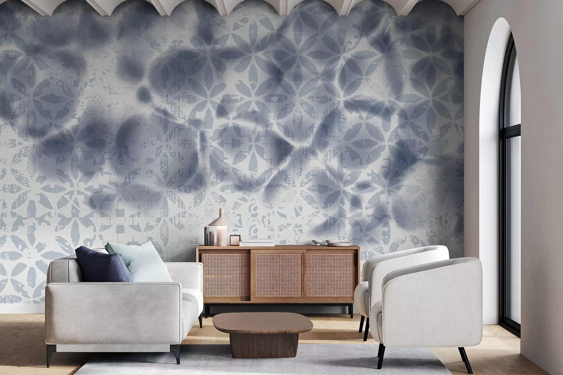 murales de pared Arte abstracto texturizado con estampado floral azul, efecto difuminado y borroso, que crea una atmósfera suave y soñadora w09322