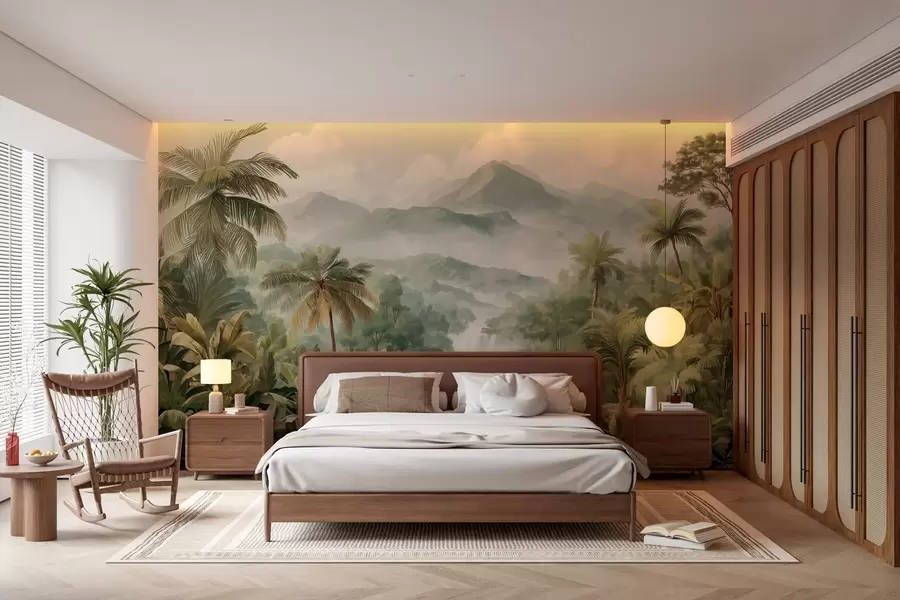murales de pared selva tropical con cascada w04306