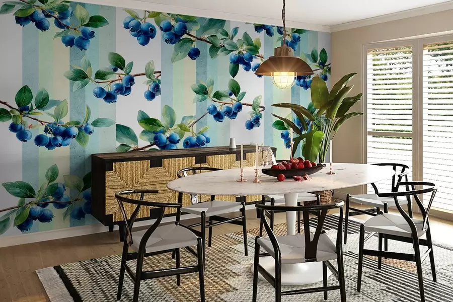 murales de pared racimos de arándanos sobre fondo rayado w04307