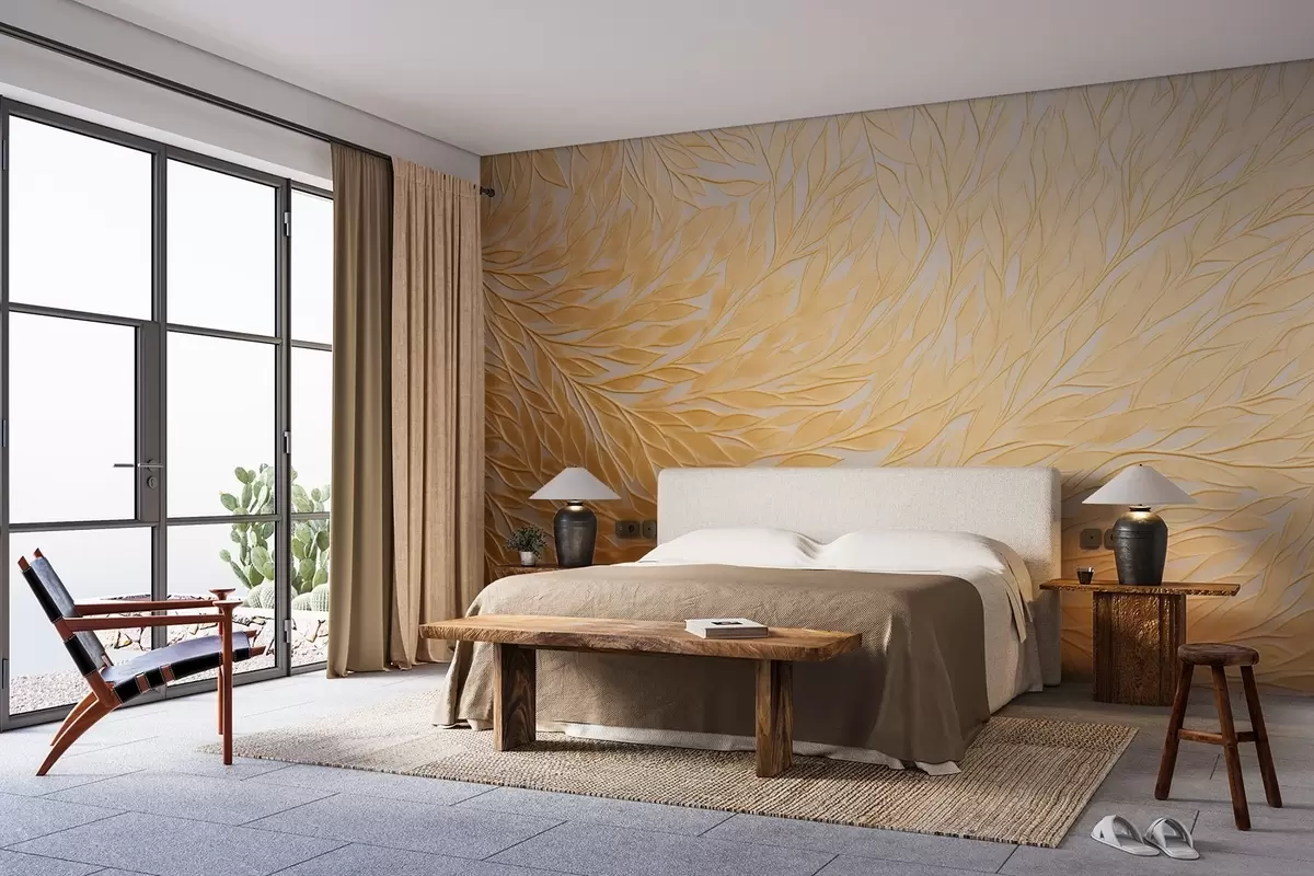 murales de pared Motivo de hojas en relieve en cálidos tonos amarillo miel w09325