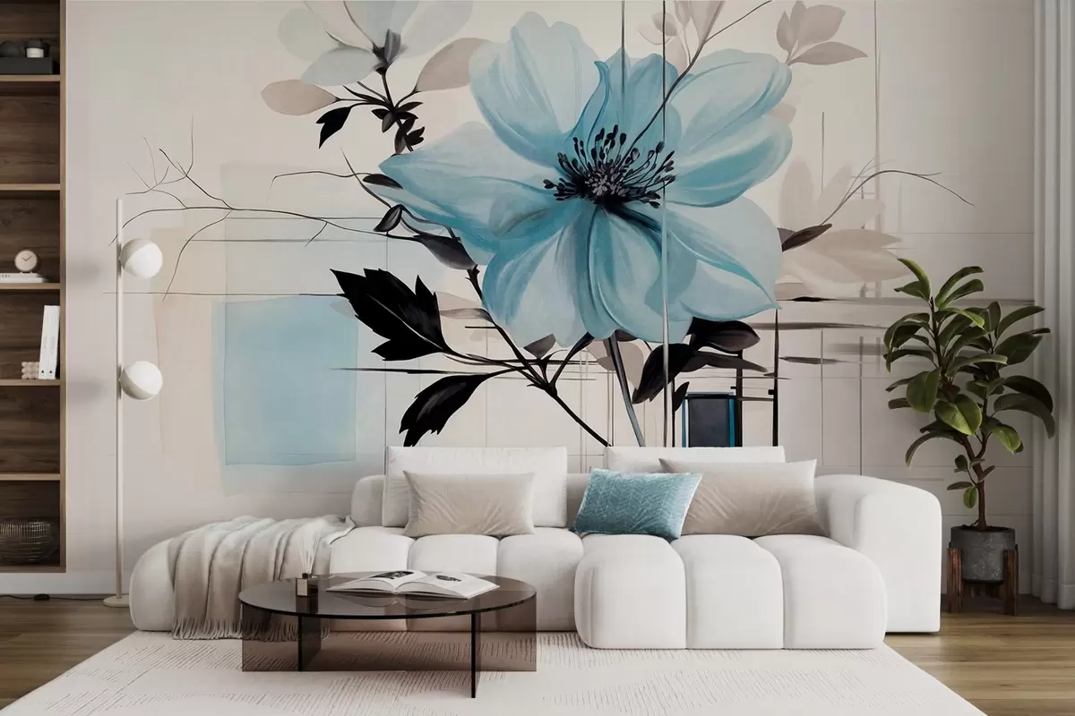 murales de pared Flor abstracta azul texturizada con hojas y ramas oscuras, formas geométricas minimalistas y líneas en colores apagados w09332