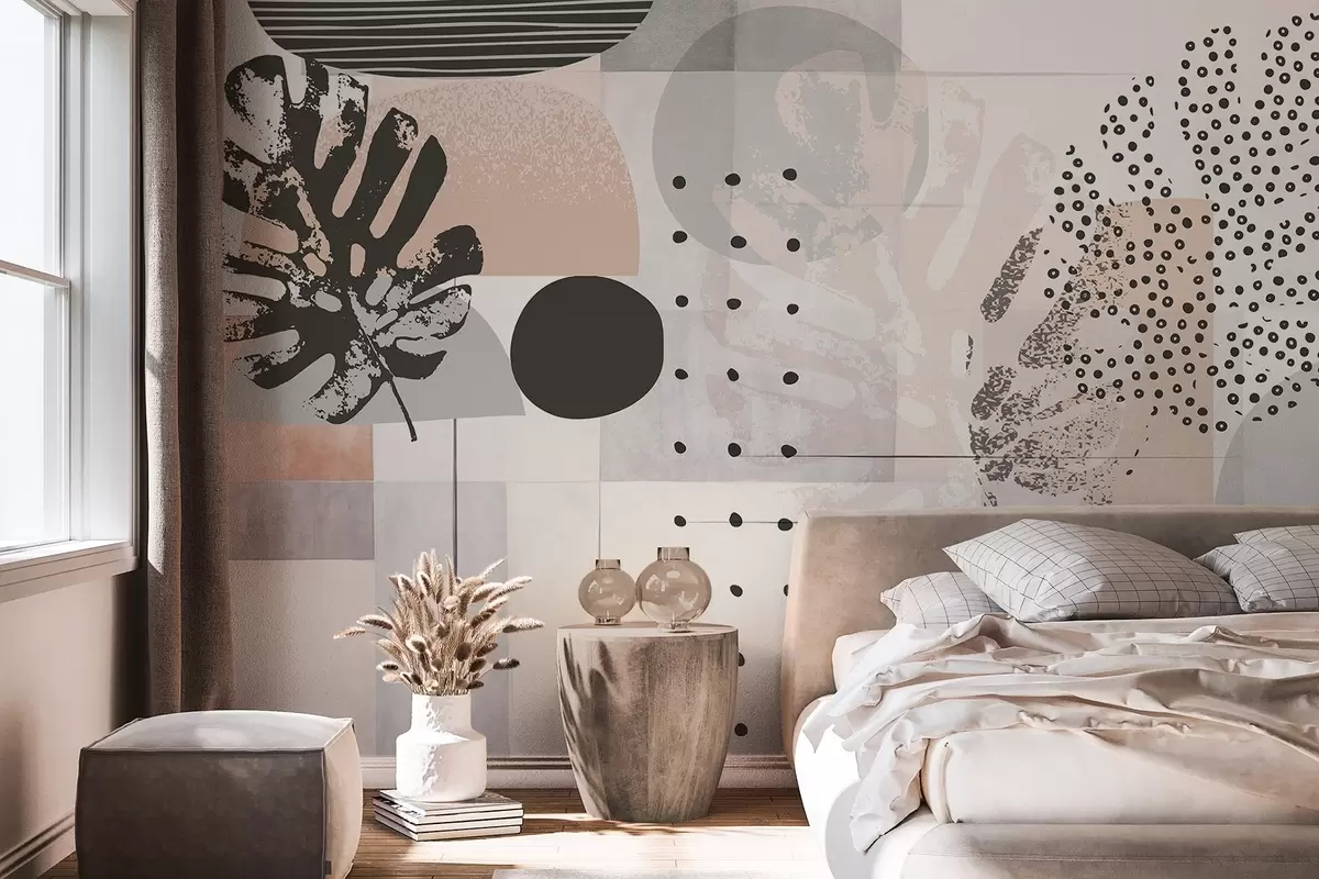 murales de pared Estampado abstracto con formas geométricas y hojas tropicales de monstera, círculos, puntos y líneas, diseño moderno y minimalista w09333
