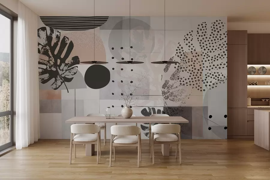 murales de pared Estampado abstracto con formas geométricas y hojas tropicales de monstera, círculos, puntos y líneas, diseño moderno y minimalista w09333