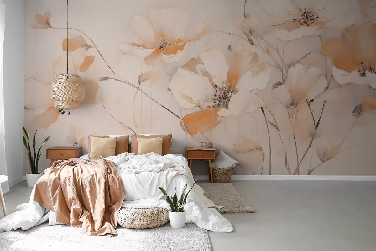 murales de pared Flores blancas y anaranjadas con largos tallos, fondo claro, colores suaves, composición elegante, pinceladas delicadas w09335