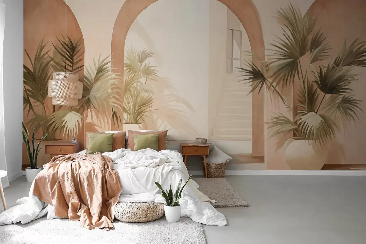 murales de pared Arcos texturizados con plantas en macetas, paleta de colores beige claro, diseño minimalista, escalera al fondo w09339