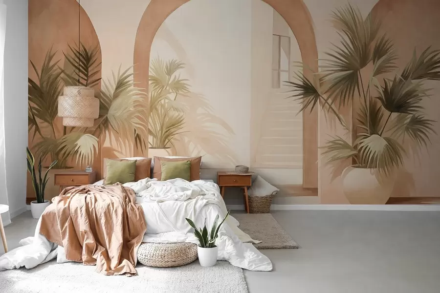 murales de pared Arcos texturizados con plantas en macetas, paleta de colores beige claro, diseño minimalista, escalera al fondo w09339