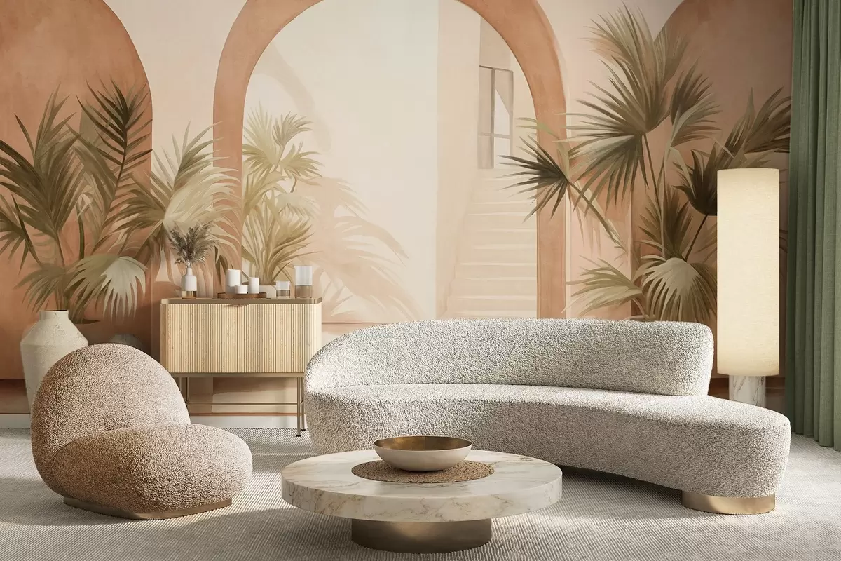 murales de pared Arcos texturizados con plantas en macetas, paleta de colores beige claro, diseño minimalista, escalera al fondo w09339