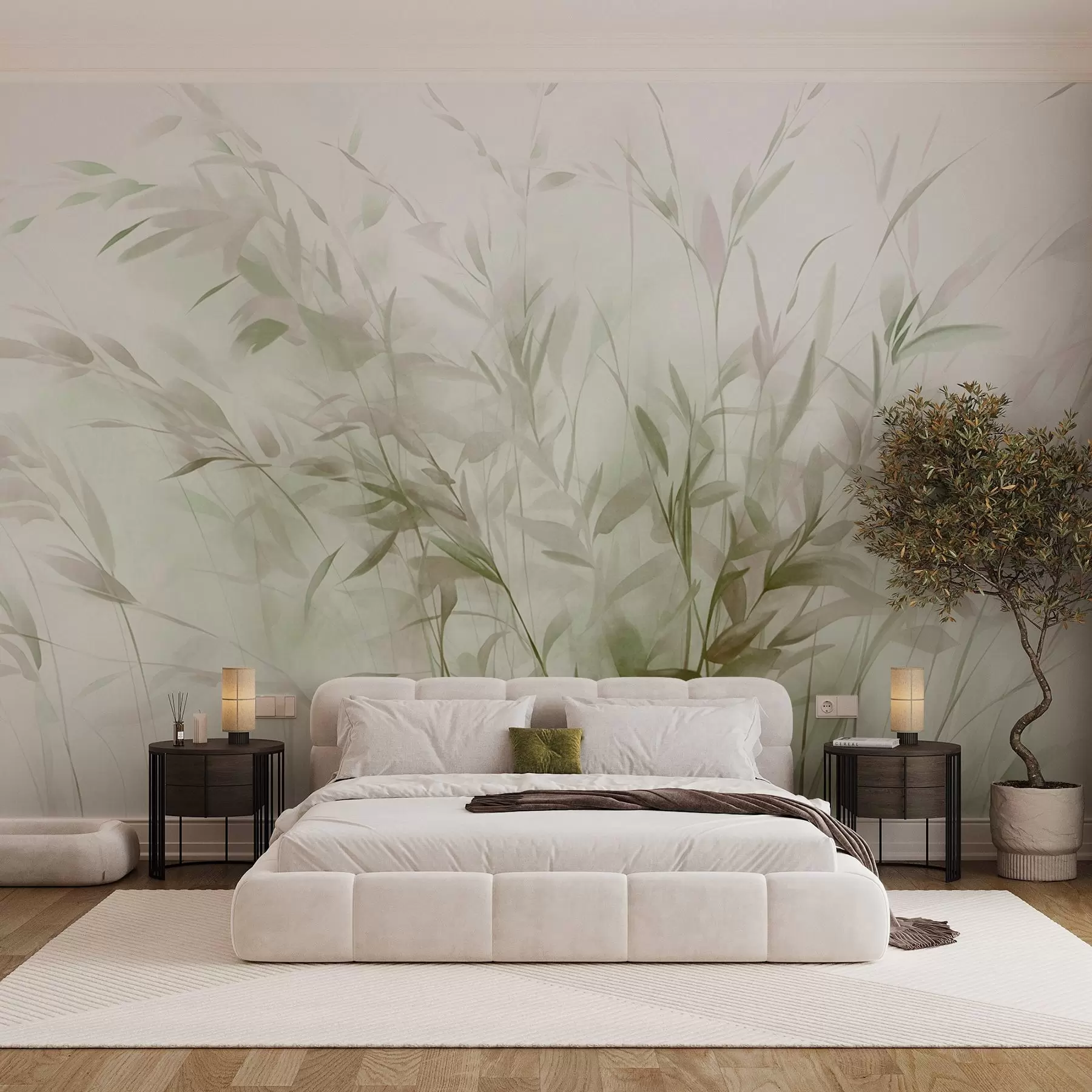 murales de pared Hierba y maleza con hojas y tallos finos, colores verde claro y marrón, pinceladas suaves y delicadas, estampado minimalista w09342