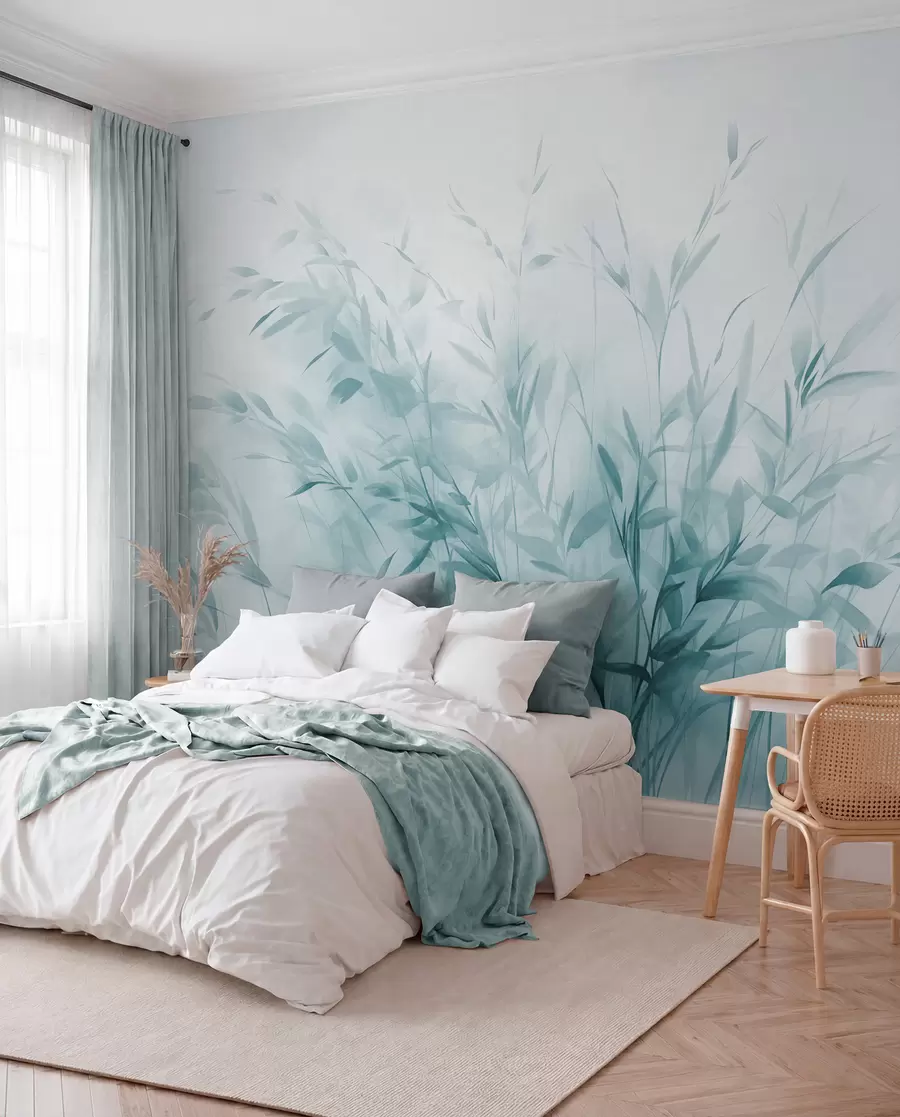 murales de pared Hierba y maleza con hojas y tallos finos, colores azul claro, pinceladas suaves y delicadas, estampado minimalista w09342v1