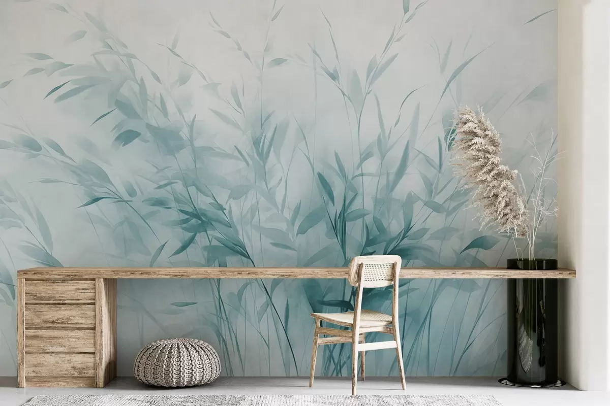 murales de pared Hierba y maleza con hojas y tallos finos, colores azul claro, pinceladas suaves y delicadas, estampado minimalista w09342v1
