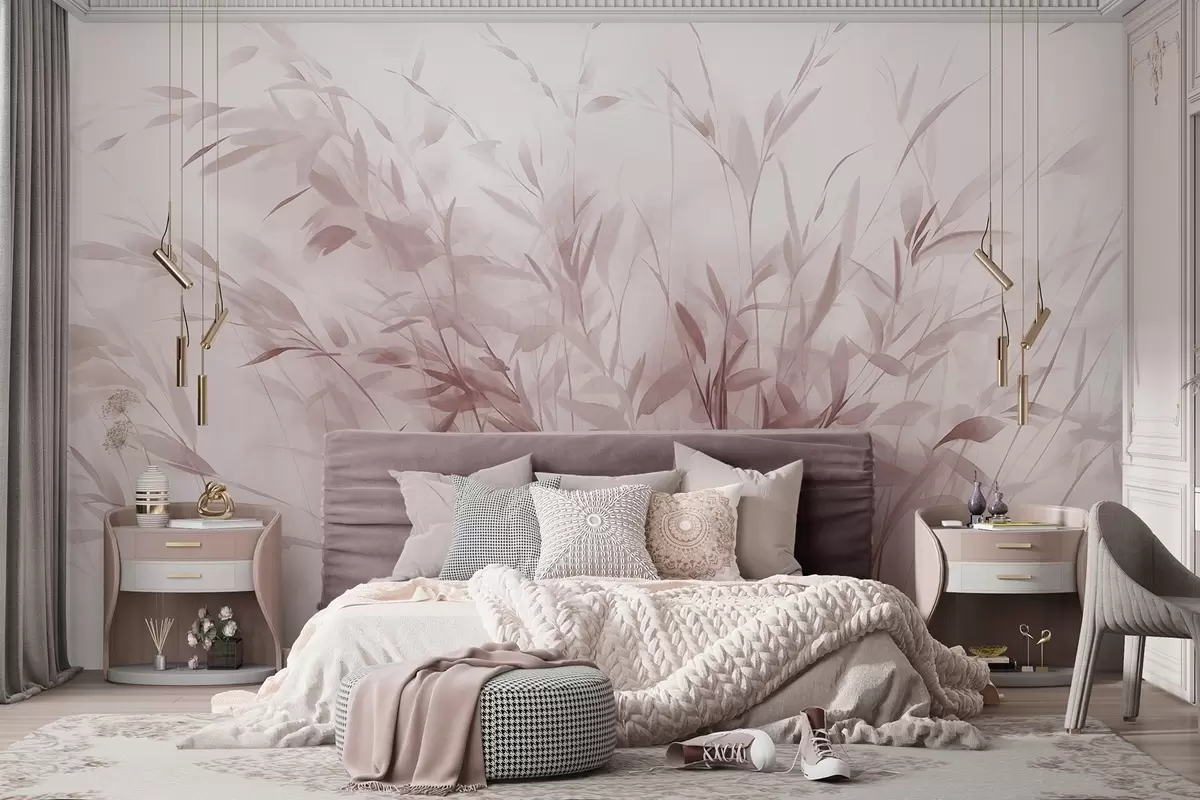 murales de pared Hierba y maleza con hojas y tallos finos, colores rosa claro, pinceladas suaves y delicadas, estampado minimalista w09342v2