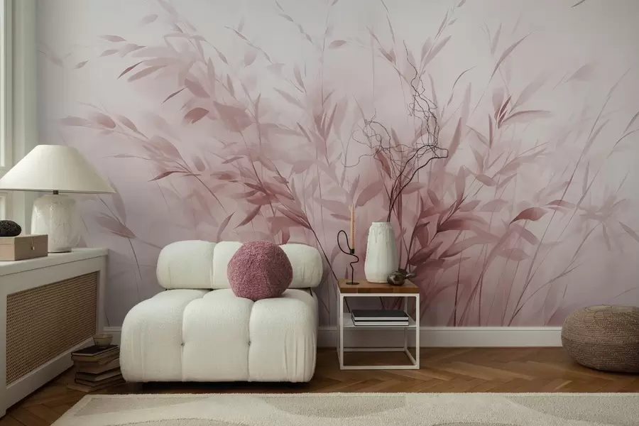 murales de pared Hierba y maleza con hojas y tallos finos, colores rosa claro, pinceladas suaves y delicadas, estampado minimalista w09342v2