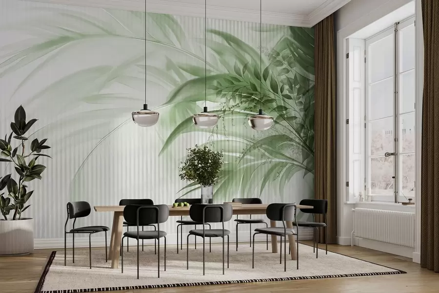 murales de pared Palmera tropical de hojas verdes con fondo blanco a rayas, iluminación suave, pinceladas delicadas, formas orgánicas w09343