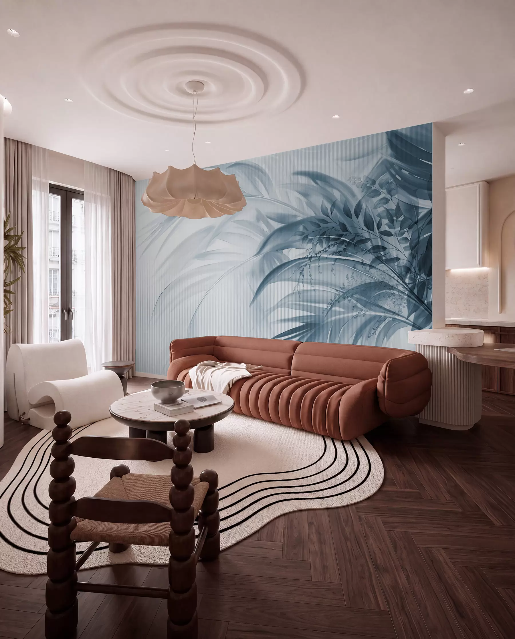 murales de pared Palmera tropical de hojas azules con fondo blanco a rayas, iluminación suave, pinceladas delicadas, formas orgánicas w09343v1