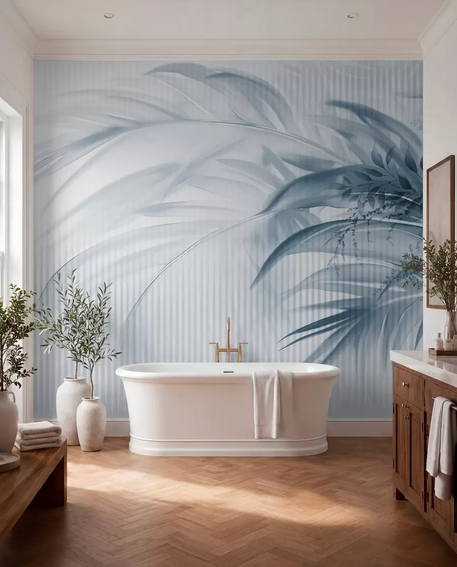 murales de pared Palmera tropical de hojas azules con fondo blanco a rayas, iluminación suave, pinceladas delicadas, formas orgánicas w09343v1