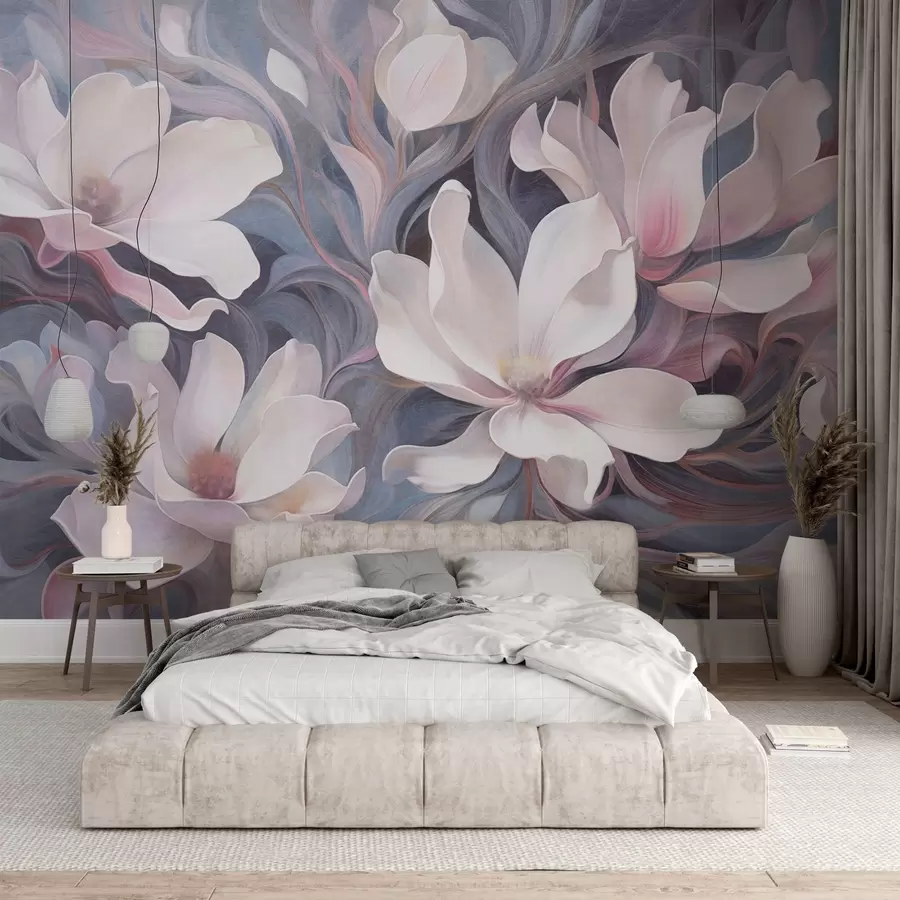 murales de pared Pintura texturizada de flores blancas de magnolia con toques rosas, sobre un fondo de tonos azules y grises apagados w09344