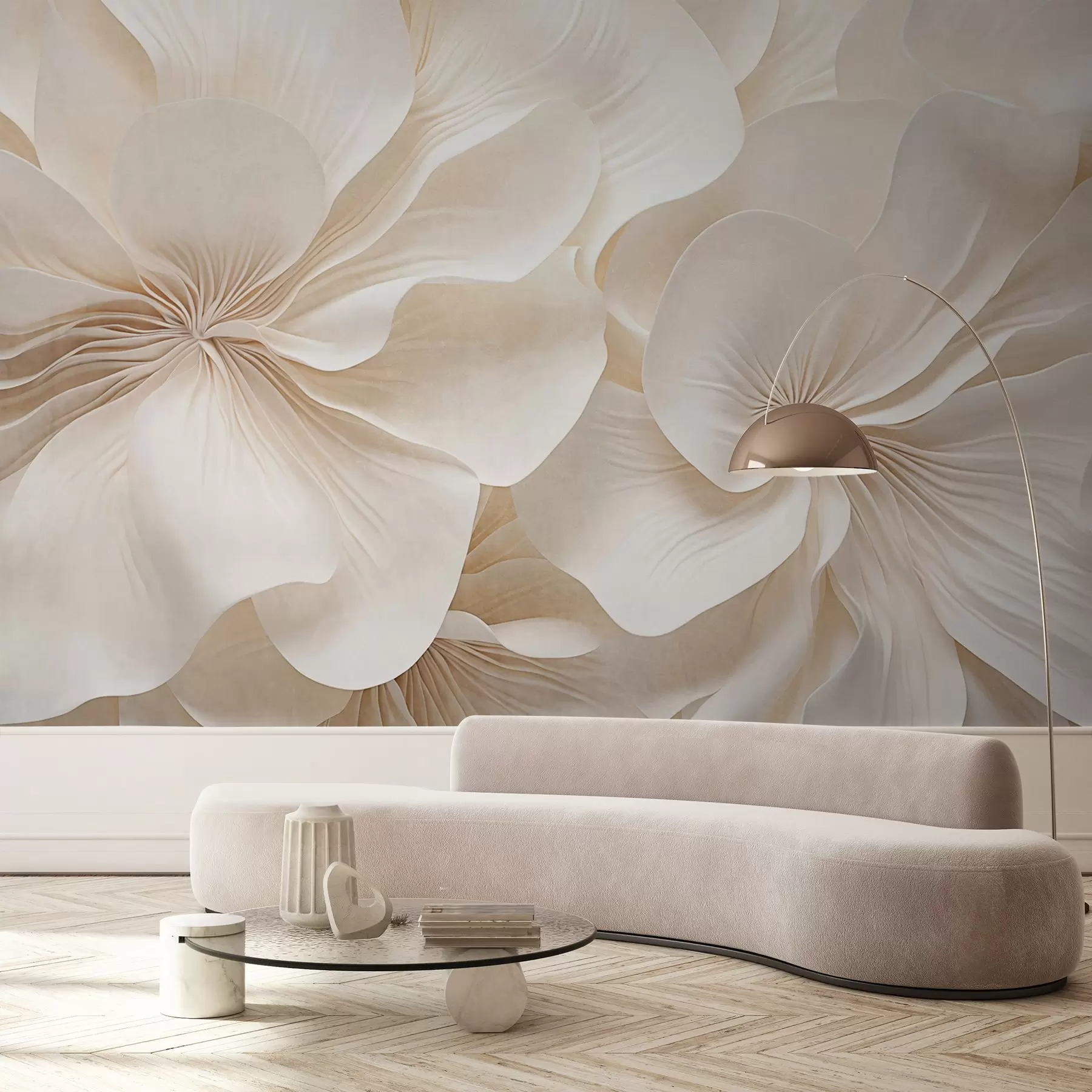 murales de pared Primer plano de flores de textura cremosa con pétalos delicados y fluidos, creando un arreglo floral suave, elegante y con textura w09346