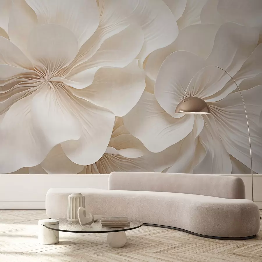 murales de pared Primer plano de flores de textura cremosa con pétalos delicados y fluidos, creando un arreglo floral suave, elegante y con textura w09346