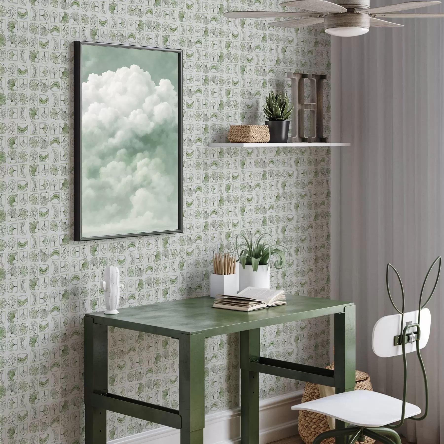 murales de pared Patrón gráfico con hojas verdes en cuadrados a00287