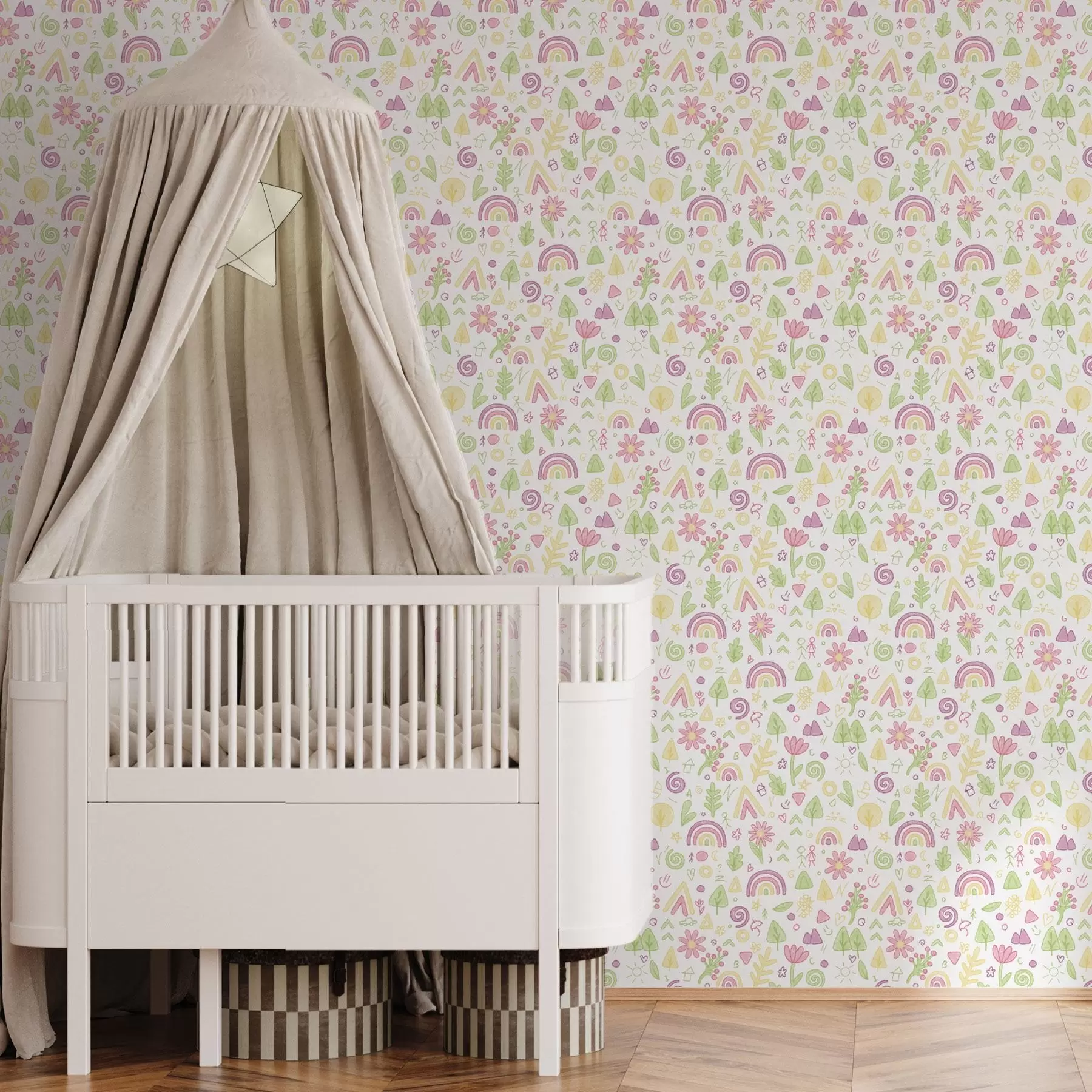 murales de pared Dibujo infantil con arco iris, flores y árboles a00296