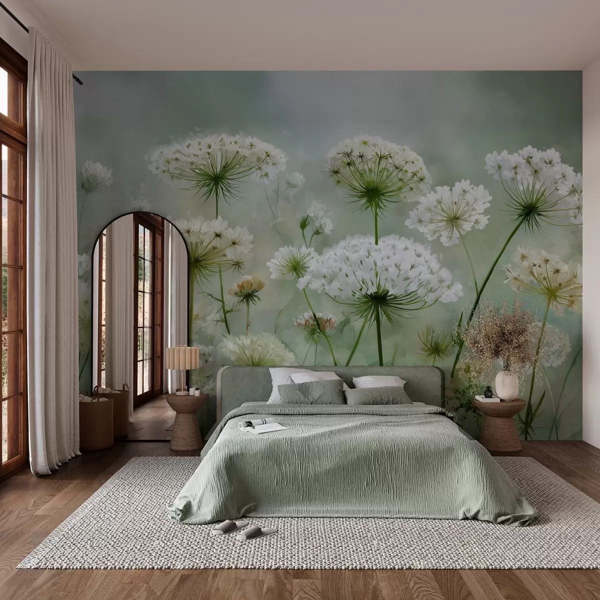 murales de pared delicadas flores silvestres blancas Reina Ana, de estilo pintoresco, tonos verdes w04313