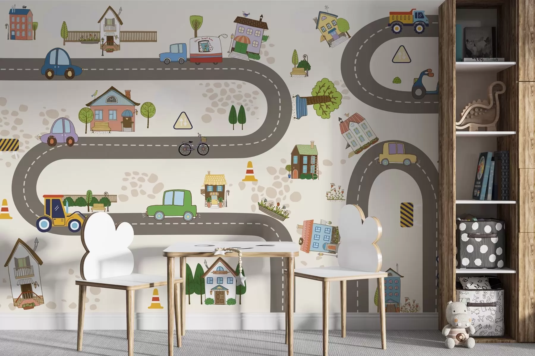 murales de pared Carretera infantil con coches y casas de colores w04404