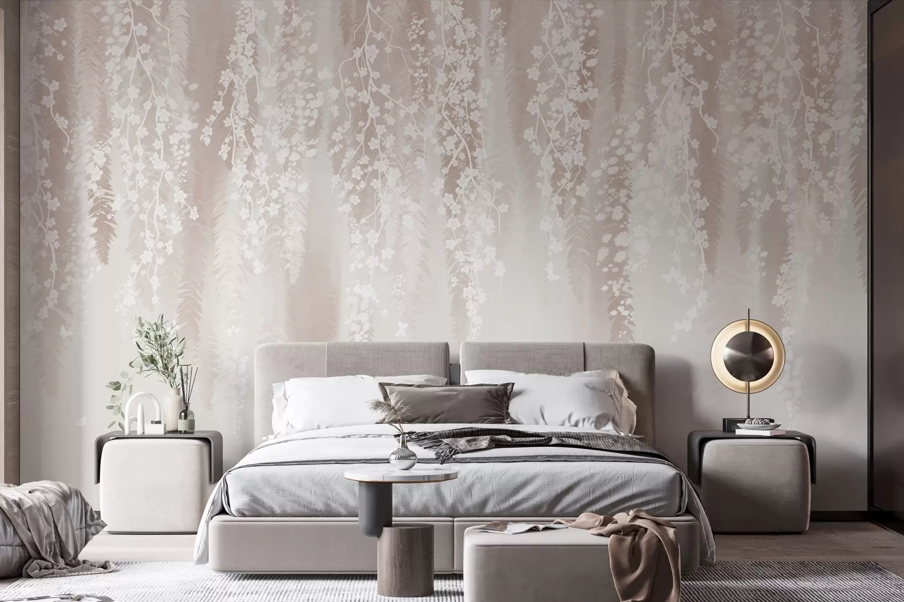 murales de pared Ramas ligeras con flores blancas sobre un fondo suave w04417