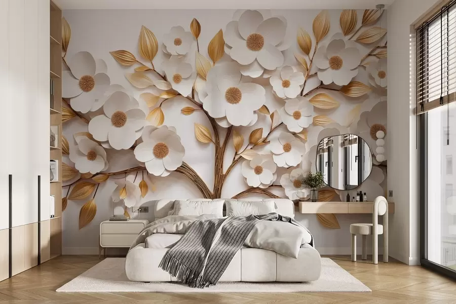 murales de pared Árbol con flores blancas e imitación de hojas en relieve w09348