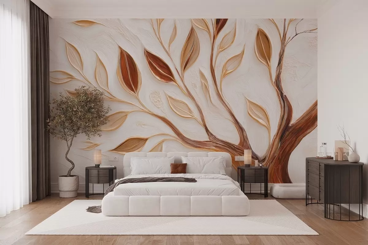 murales de pared Árbol decorativo con hojas e imitación de fondo texturado w09349