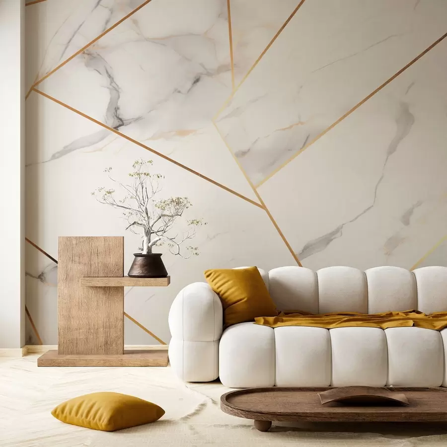 murales de pared Imitación de una superficie de mármol con un patrón geométrico amarillo w09363
